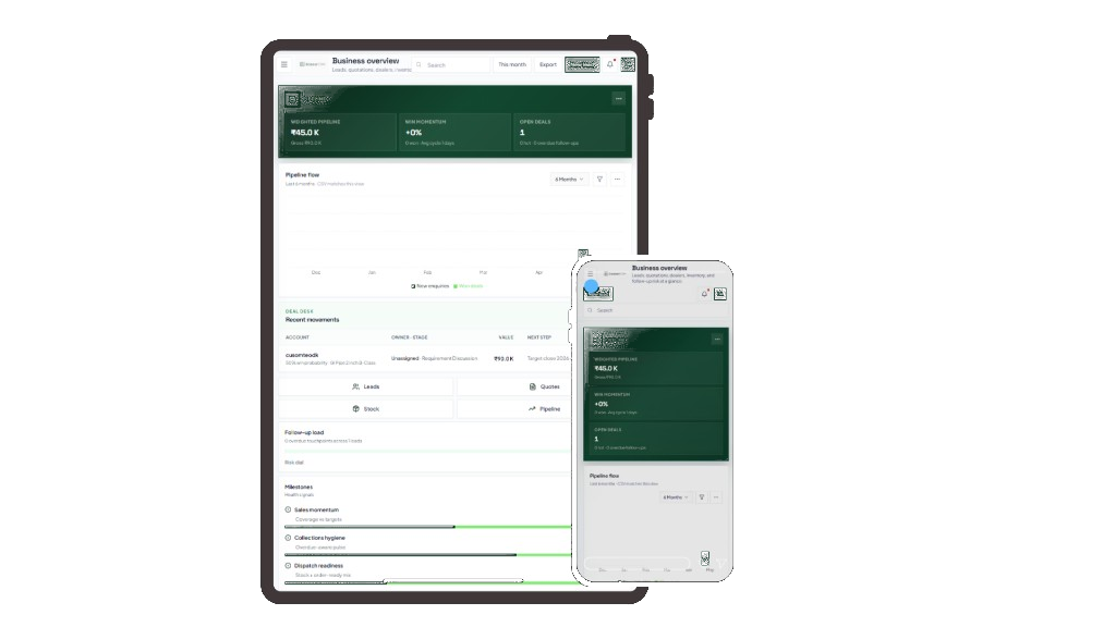 BazaarCRM on tablet and phone — pipeline, deal desk, and milestones
