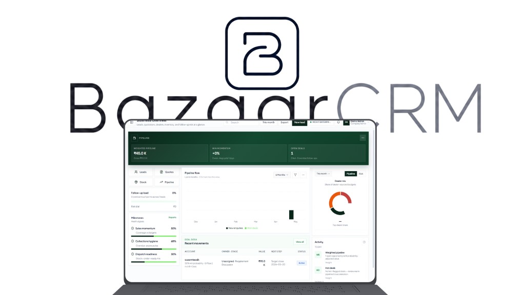 BazaarCRM dashboard on laptop — pipeline, milestones, dealer mix, and deal desk